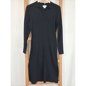 NWT Apricot Black Collared V Neck Ribbed Side Slits Sweater Dress #1411 Size LG